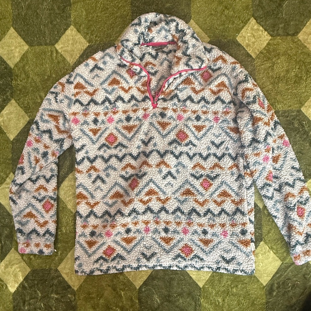 Eddie Bauer Cozy Multicolor Aztec Sherpa Pullover - Pink, Teal, Brown Size M